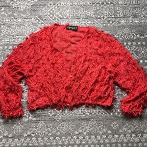 Spoon Jeans Brand Cropped Sheer Eyelash Feathered Red Blouse Cardigan Size 2X